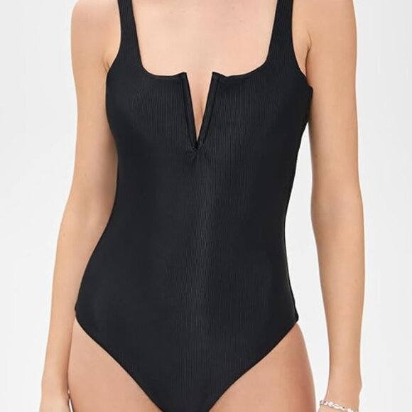 Women's Black V Notch Front Bodysuit - Picture 1 of 4